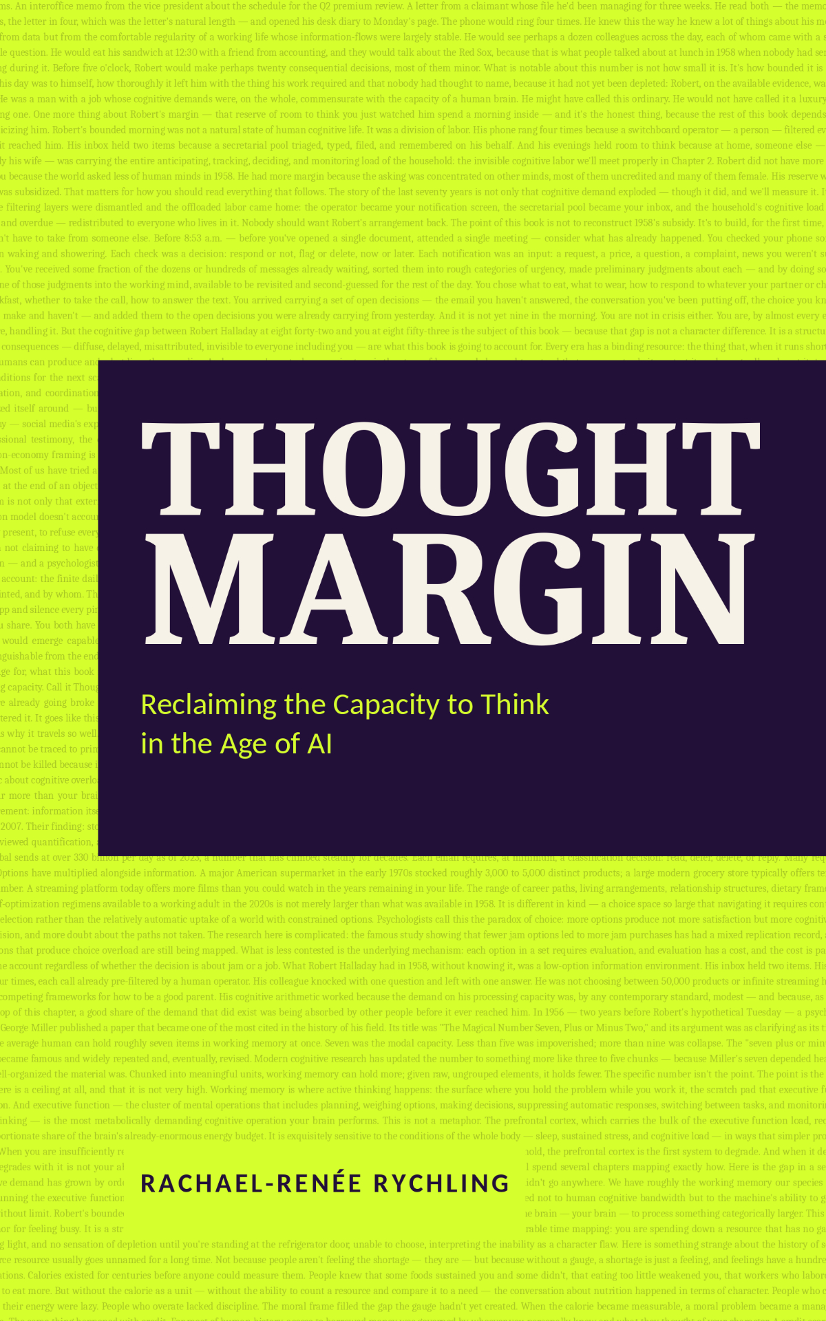 Thought Margin book cover — plum background with acid-lime title.